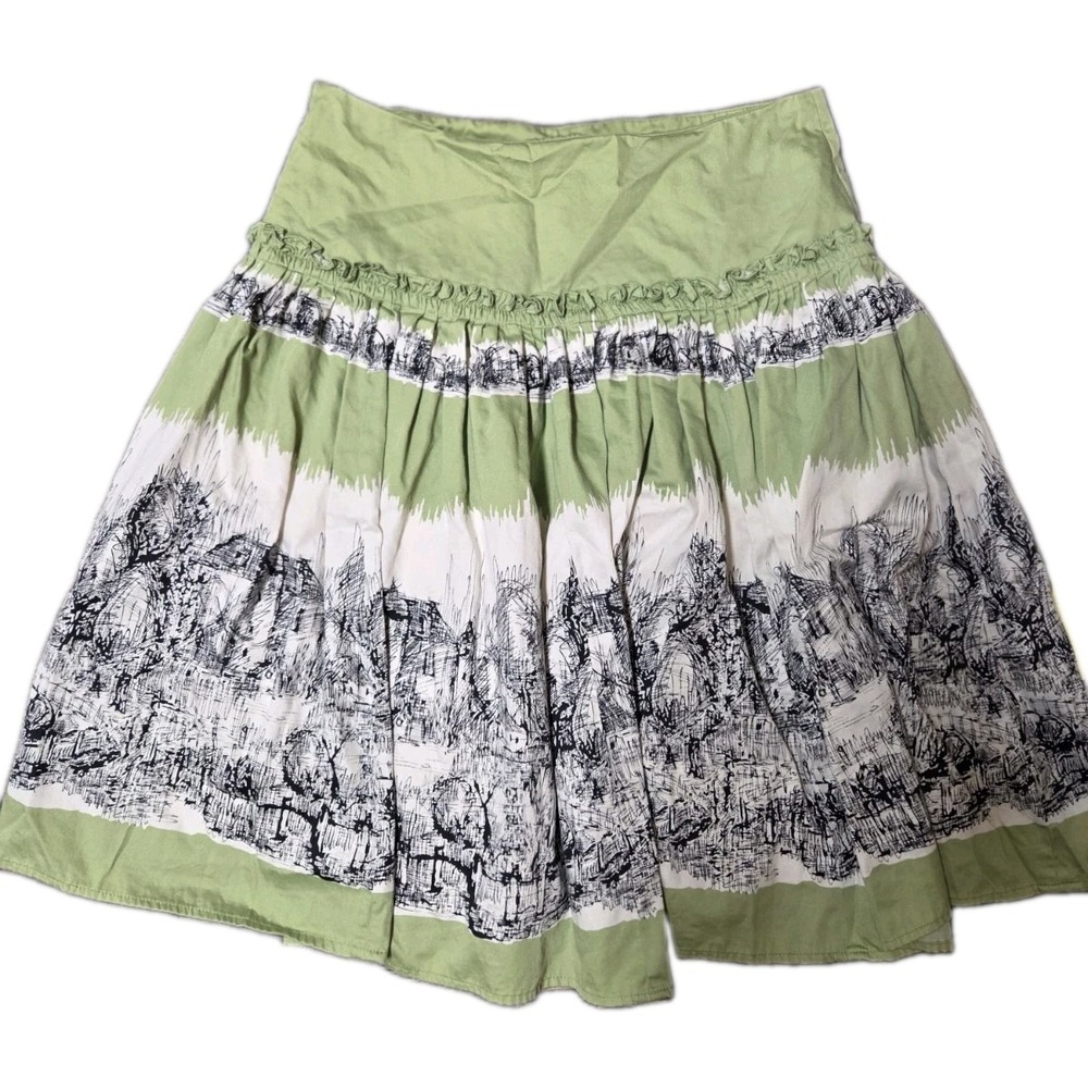 Odille Sz 6 Green Toile Print Cotton Boho Peasant Lined Skirt Cottagecore
